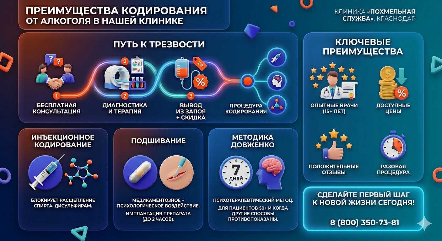 Инфографика о методах кодирования от алкоголя в Константиновске: инъекции, подшивание, метод Довженко. Преимущества клиники и этапы лечения.