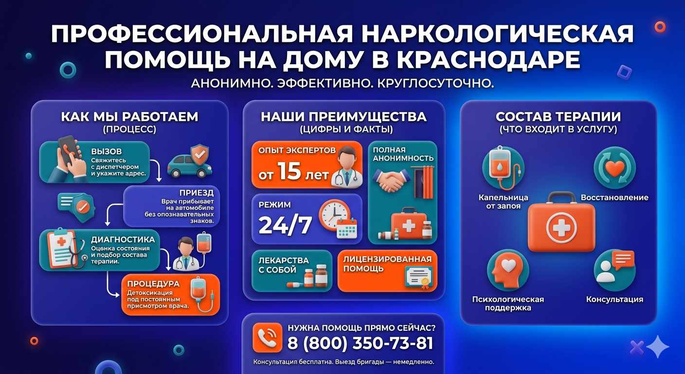Инфографика о принципах лечения алкоголизма на дому в Константиновске: этапы вызова нарколога, преимущества анонимной детоксикации и состав медицинской помощи.